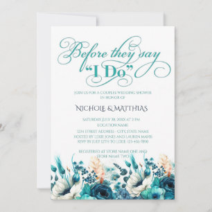 Turquoise Navy Blue Floral Couples Wedding Shower Kaart