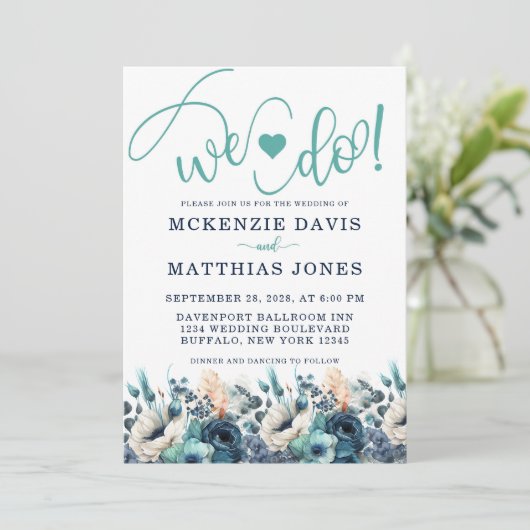 Turquoise Navy Blue Floral Heart we bruiloft Kaart (Staand voorkant)