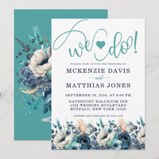 Turquoise Navy Blue Floral Heart we bruiloft Kaart (Voorkant / Achterkant)