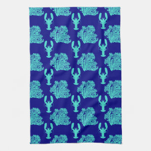 Turquoise Navy Lobster Coastal Pattern Theedoek