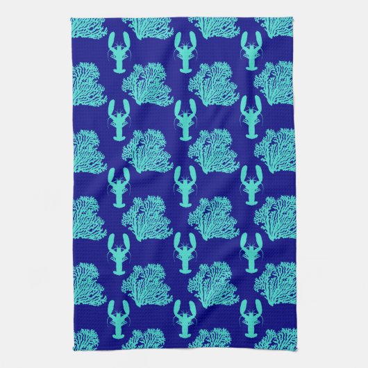 Turquoise Navy Lobster Coastal Pattern Theedoek (Verticaal)