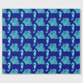 Turquoise Navy Seahorse Coastal Pattern Cadeaupapier (Vlak)