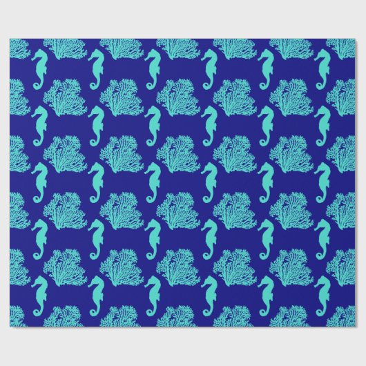 Turquoise Navy Seahorse Coastal Pattern Cadeaupapier (Vlak)