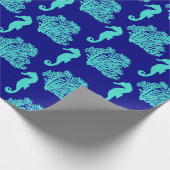 Turquoise Navy Seahorse Coastal Pattern Cadeaupapier (Hoek)