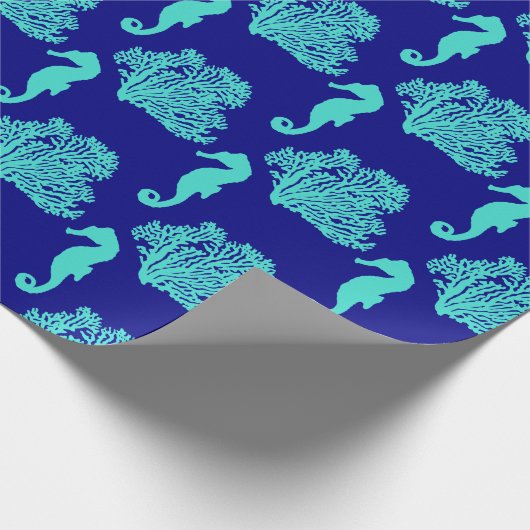 Turquoise Navy Seahorse Coastal Pattern Cadeaupapier (Hoek)