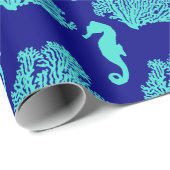 Turquoise Navy Seahorse Coastal Pattern Cadeaupapier (Rol Hoek)