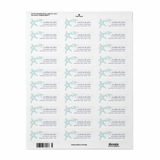 Turquoise & Navy Starfish Return Address Etiket (Full Sheet)