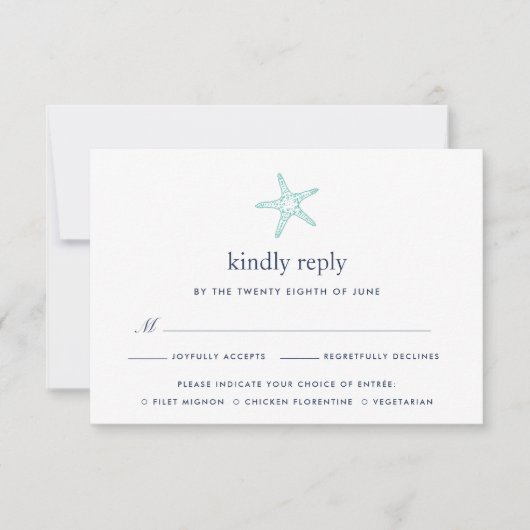 Turquoise & Navy Starfish RSVP-kaart met Maaltijdk RSVP Kaartje (Voorkant)