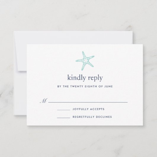 Turquoise & Navy Starfish RSVP-kaart RSVP Kaartje (Voorkant)