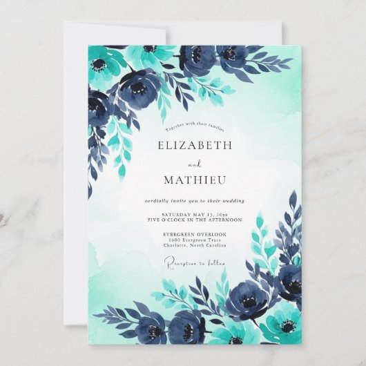 Turquoise Navy Watercolor Winter Wedding Kaart (Voorkant)