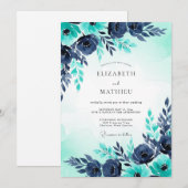Turquoise Navy Watercolor Winter Wedding Kaart (Voorkant / Achterkant)