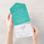 Turquoise Navy White Delicate Calligraphy Wedding All In One Uitnodiging (Afscheurbaar)