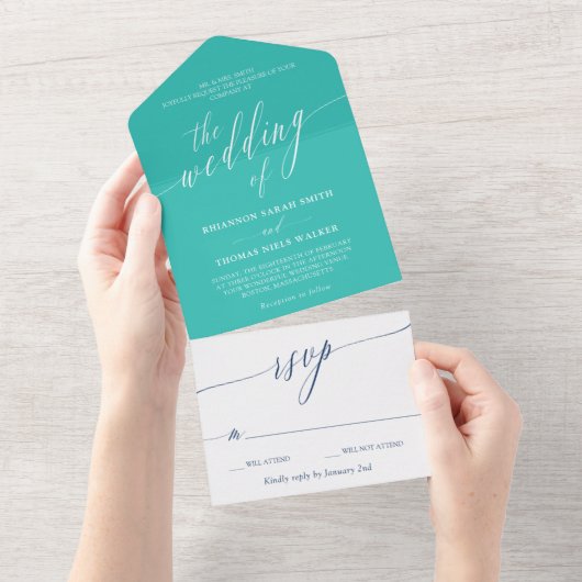 Turquoise Navy White Delicate Calligraphy Wedding All In One Uitnodiging (Afscheurbaar)