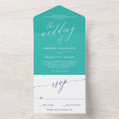 Turquoise Navy White Delicate Calligraphy Wedding All In One Uitnodiging (Binnen)