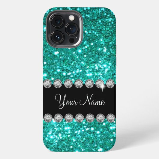 Turquoise Nep Bling Monogram iPhone Hoesje (Achterkant)