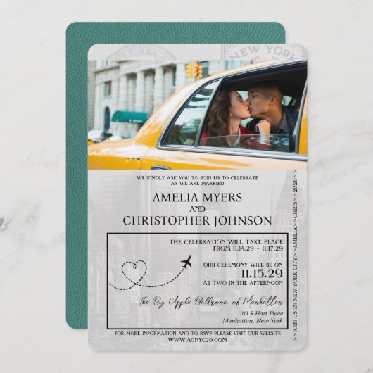 Turquoise New York City Passport Wedding Kaart (Voorkant / Achterkant)