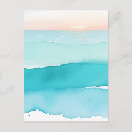 Turquoise Ocea Watercolor Zonsondergang Briefkaart (Voorkant)