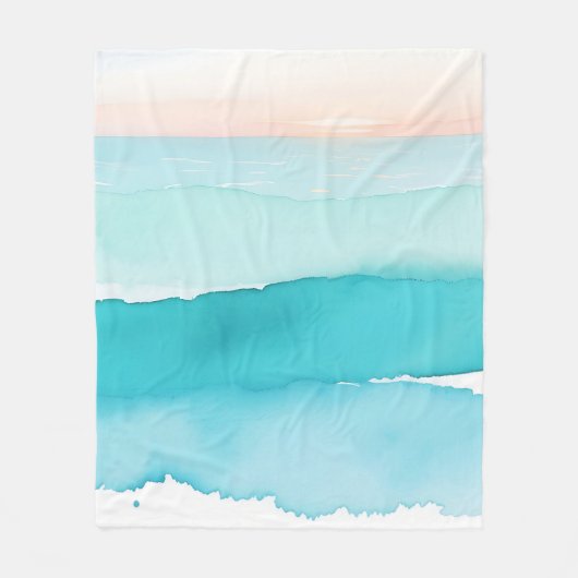 Turquoise Ocea Waterverf Zonsondergang Fleece Deken (Voorkant)