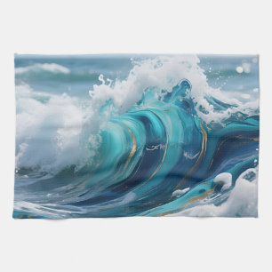 Turquoise Oceaan Golf Gouden Draaikolk Theedoek
