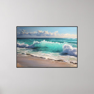 Turquoise Oceaan Golven op Zandstrand Abstracte Mu Canvas Afdruk