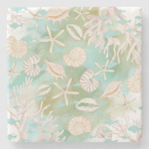 Turquoise Oceaan Schelpen Strand Patroon Stenen Onderzetter