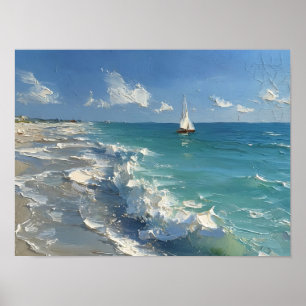 Turquoise Oceaangolven Zeilboot Schilderij Poster
