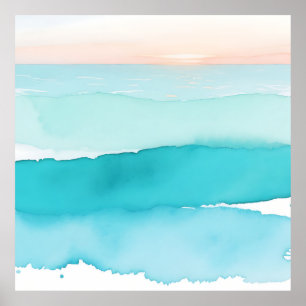 Turquoise Oceaanschildering Zonsondergang Poster