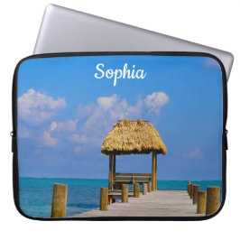 Turquoise Ocean and Dock met name Personalization Laptop Sleeve