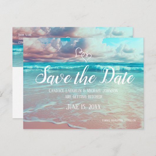 Turquoise Ocean Beach Hart Bruiloft Save the Date Briefkaart (Voorkant / Achterkant)