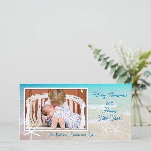 Turquoise Ocean Beach met kerstfotokaart Feestdagenkaart (Staand voorkant)