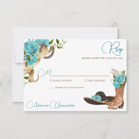 Turquoise Ocean Blue Charro Westerne Quinceanera RSVP Kaartje (Voorkant)