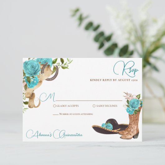Turquoise Ocean Blue Charro Westerne Quinceanera RSVP Kaartje (Staand voorkant)