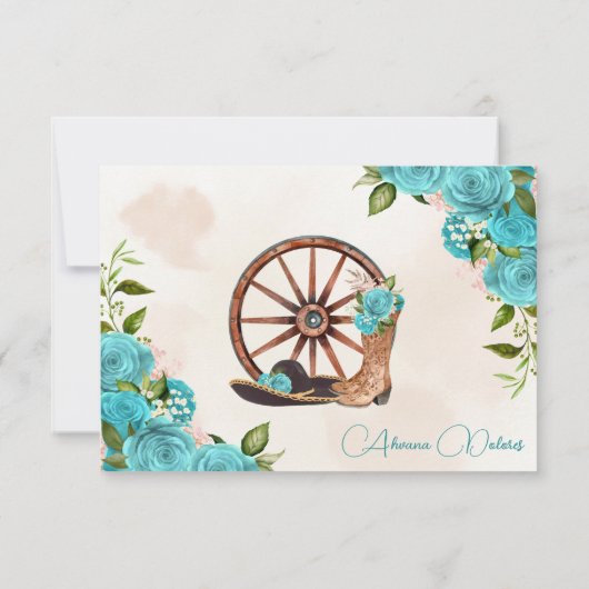 Turquoise Ocean Blue Charro Westerne Quinceanera RSVP Kaartje (Achterkant)