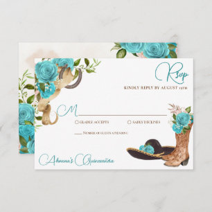 Turquoise Ocean Blue Charro Westerne Quinceanera RSVP Kaartje