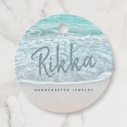 Turquoise Ocean Sandy Beach Handgemaakte Sieraden Bedankjes Labels (Voorkant)