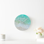 Turquoise Ocean Wave, Personalize Name of Monogram Ronde Klok (Huis)