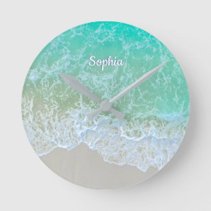 Turquoise Ocean Wave, Personalize Name of Monogram Ronde Klok