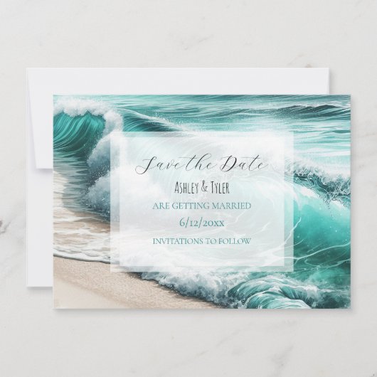 Turquoise Ocean Waves Bruiloft Save the Date (Voorkant)