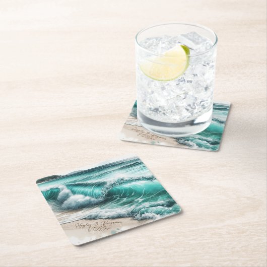 Turquoise Ocean Waves Gepersonaliseerde bruiloft Kartonnen Onderzetters (Insitu)