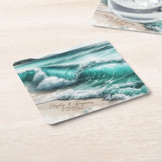 Turquoise Ocean Waves Gepersonaliseerde bruiloft Kartonnen Onderzetters (Schuin)