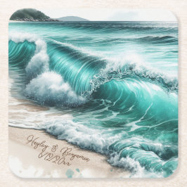 Turquoise Ocean Waves Gepersonaliseerde bruiloft Kartonnen Onderzetters