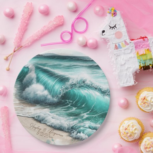 Turquoise Ocean Waves Gepersonaliseerde bruiloft Papieren Bordje (Feest)