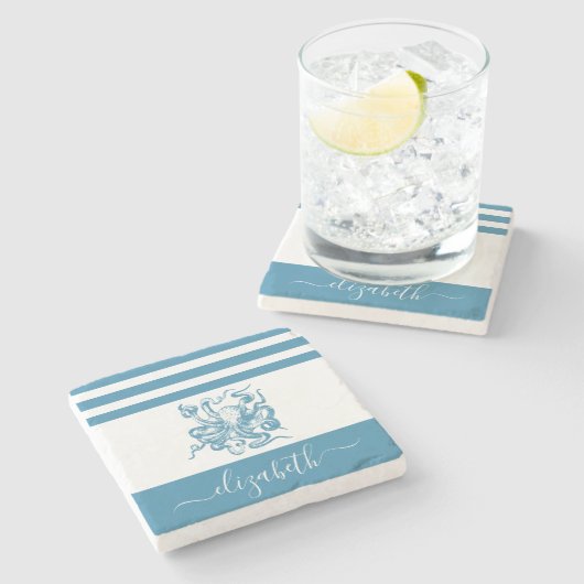 turquoise octopus beach house scriptnaam stenen onderzetter (Zijkant)