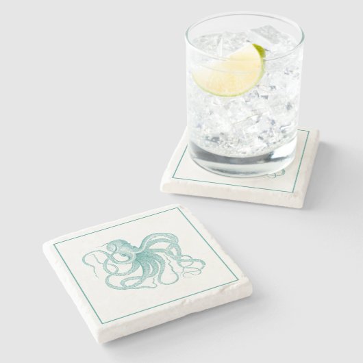 Turquoise Octopus Illustratie Stenen Onderzetter (Zijkant)