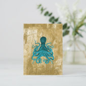 Turquoise Octopus op Golden Grunge Briefkaart (Staand voorkant)