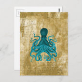 Turquoise Octopus op Golden Grunge Briefkaart (Voorkant / Achterkant)