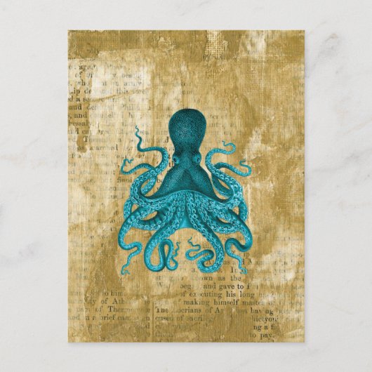 Turquoise Octopus op Golden Grunge Briefkaart (Voorkant)
