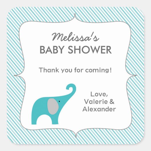 Turquoise olifant baby shower gunst dank u vierkante sticker (Voorkant)