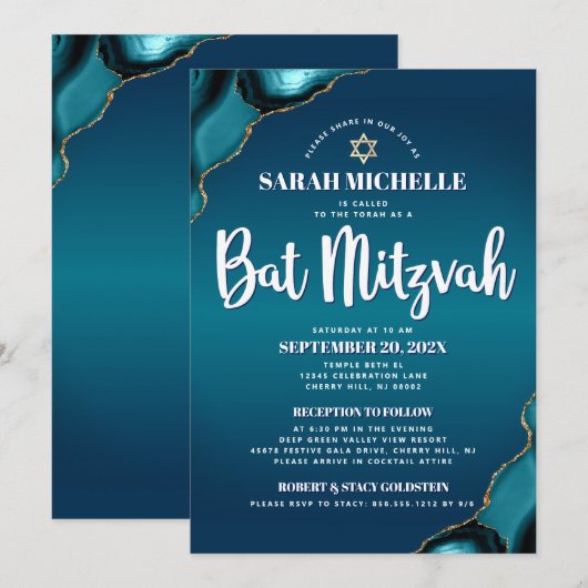 Turquoise Ombre Bat Mitzvah Agate Script 2 Venue Kaart (Voorkant / Achterkant)