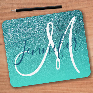Turquoise Ombre Blauwgroen Faux Glitter Monogram Muismat